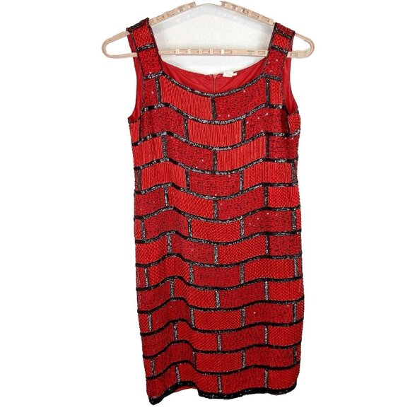 Old Money Bold Sequin Silk Red Black Beaded Geometric Gatsby Retro Dress VTG  2X - Picture 1 of 9